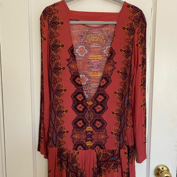 Free People Smooth Talker Mini Tunic Boho Dress Rust Red Paisley Ruffle Hem - Picture 6 of 6